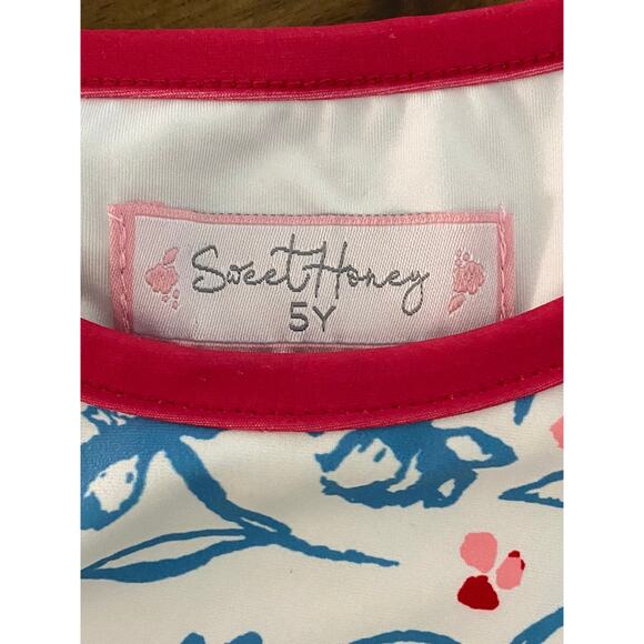 SweetHoney Micah Crop Rash Guard Swim Long Sleeve American Floral Red Blue Cream - Picture 8 of 10